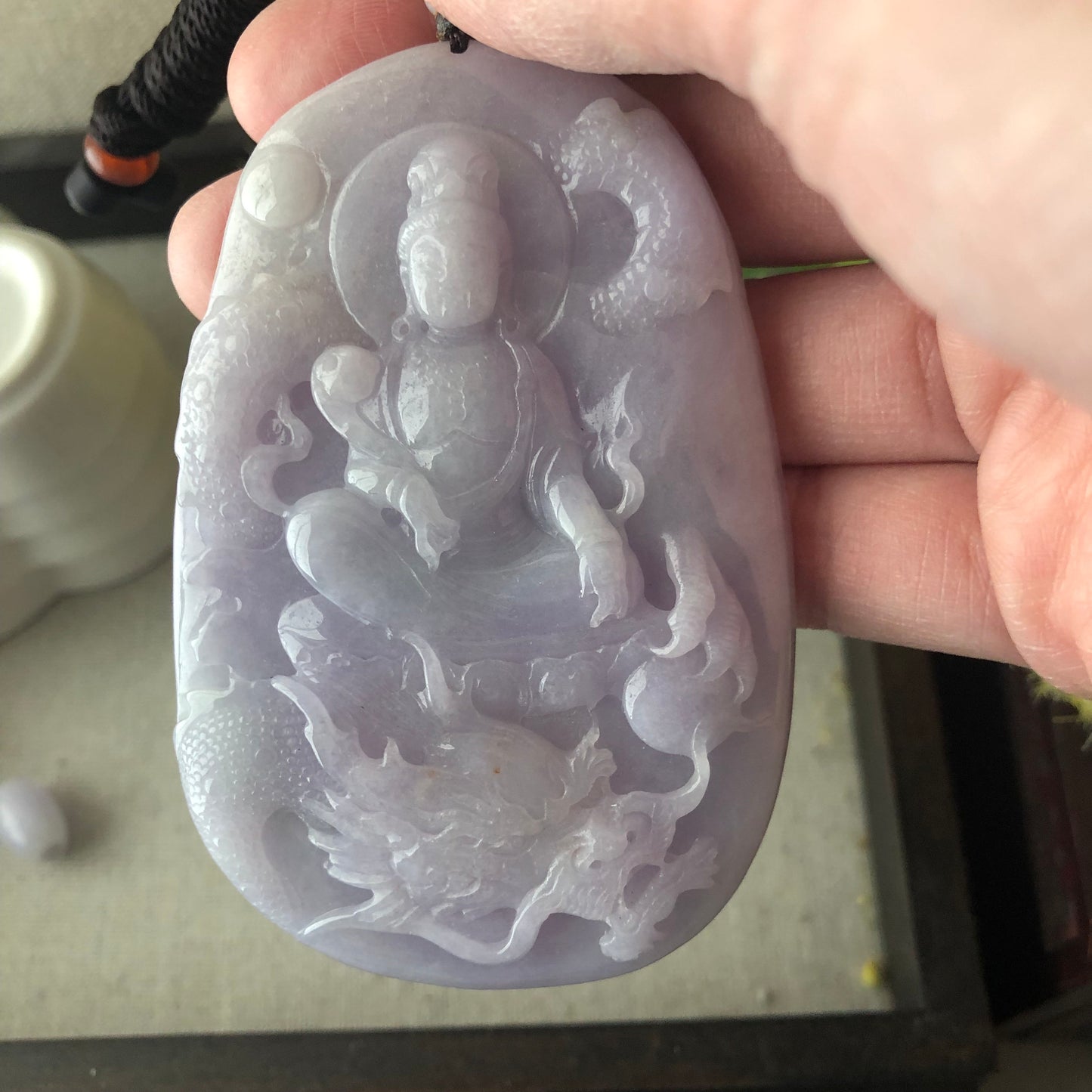 80.6 mm Icy Glossy Lavender Jade Guanyin Dragon Pendant
