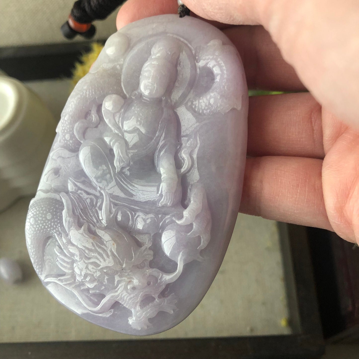 80.6 mm Icy Glossy Lavender Jade Guanyin Dragon Pendant