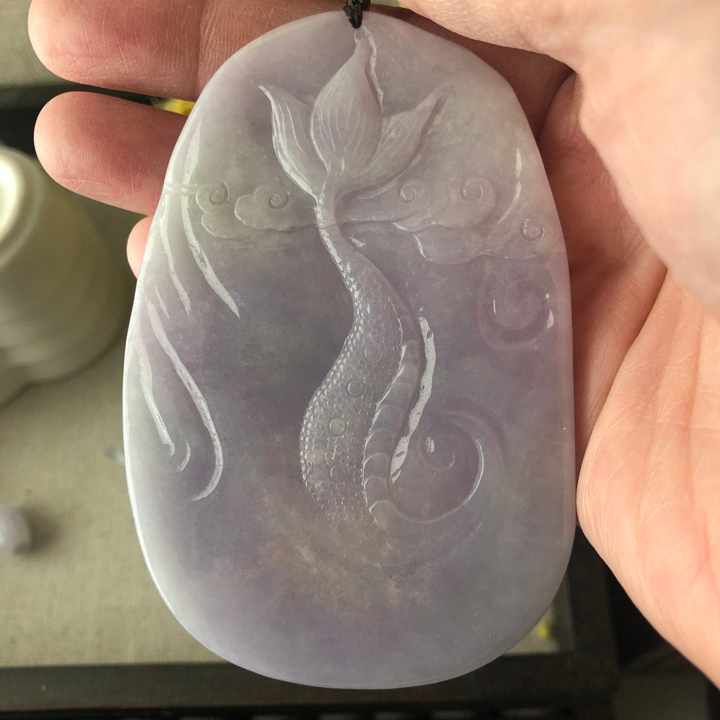 80.6 mm Icy Glossy Lavender Jade Guanyin Dragon Pendant