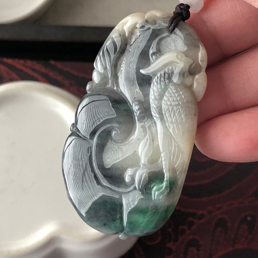 56.7mm Jadeite Jade Yellow Green Wuji  Carved Ruyi Bird Pendant