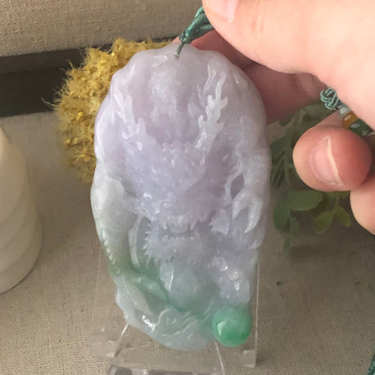 78mm Jadeite Jade Icy Lavender Green carved dragon Pendant