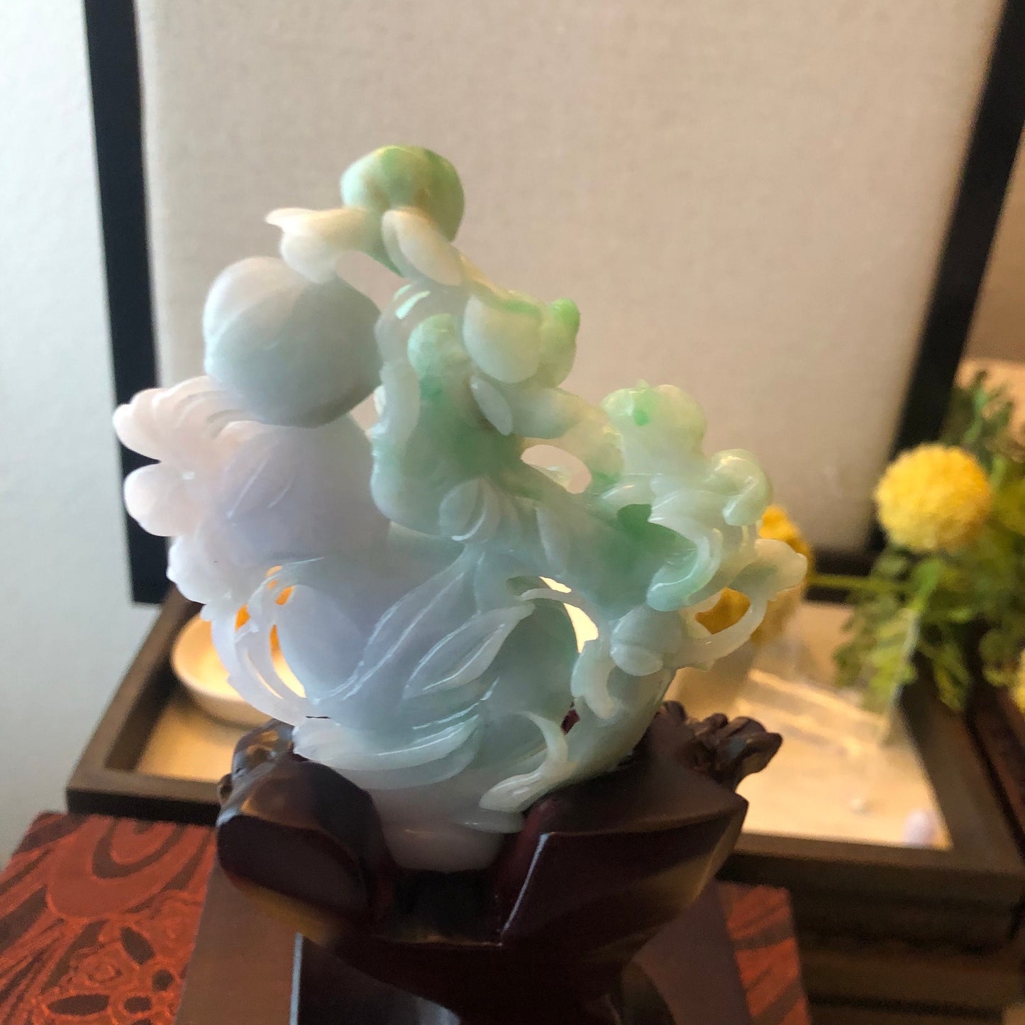 106mm Green Jadeite Jade Carved Apple Flower Display