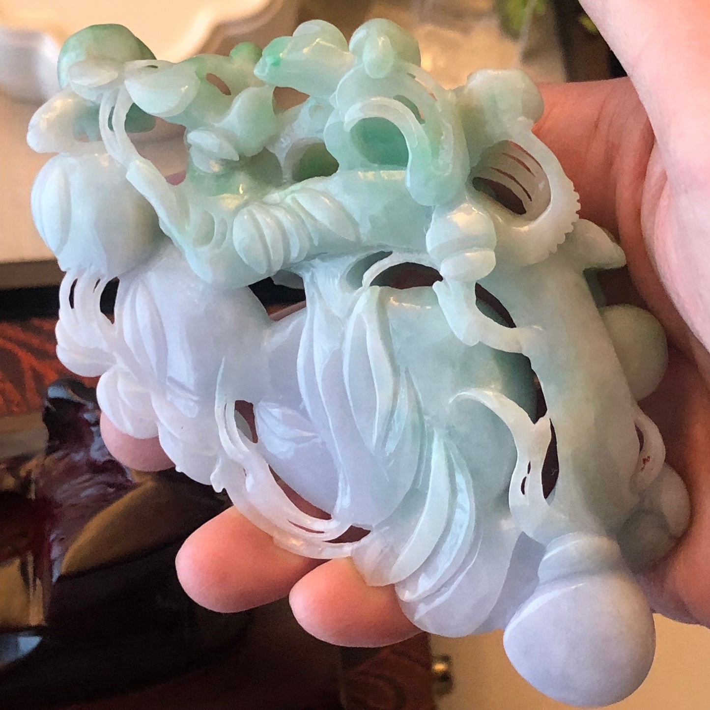 106mm Green Jadeite Jade Carved Apple Flower Display