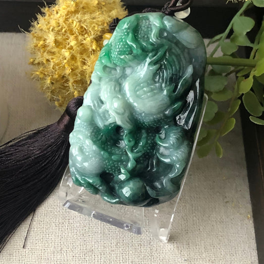 69.4mm Jadeite Jade Green Float Flowers carved dragon Pendant