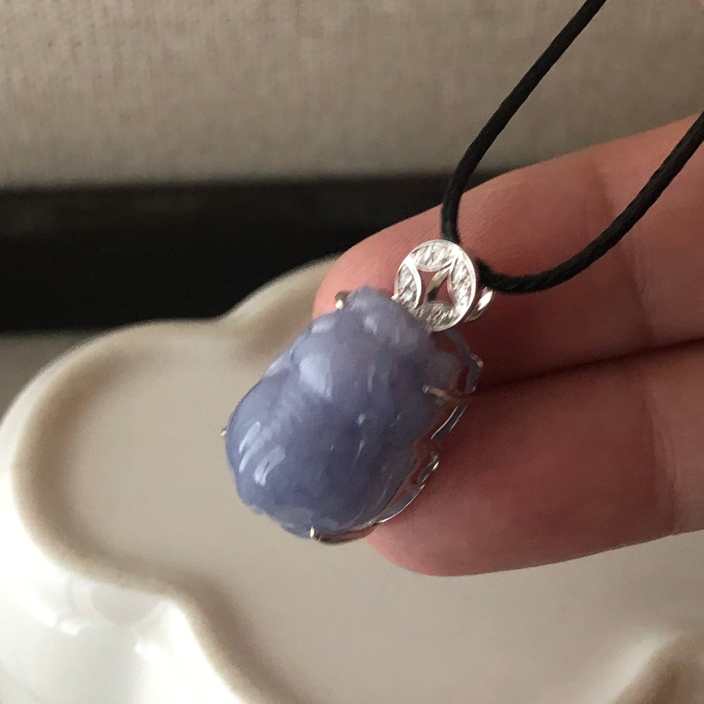 18K white gold 23mm Lavender Blue Jadeite Jade Carved Pixiu Pendant