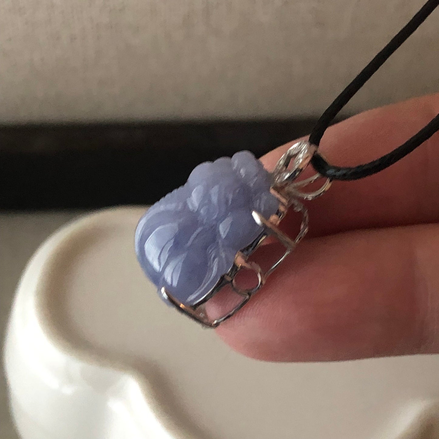 18K white gold 23mm Lavender Blue Jadeite Jade Carved Pixiu Pendant