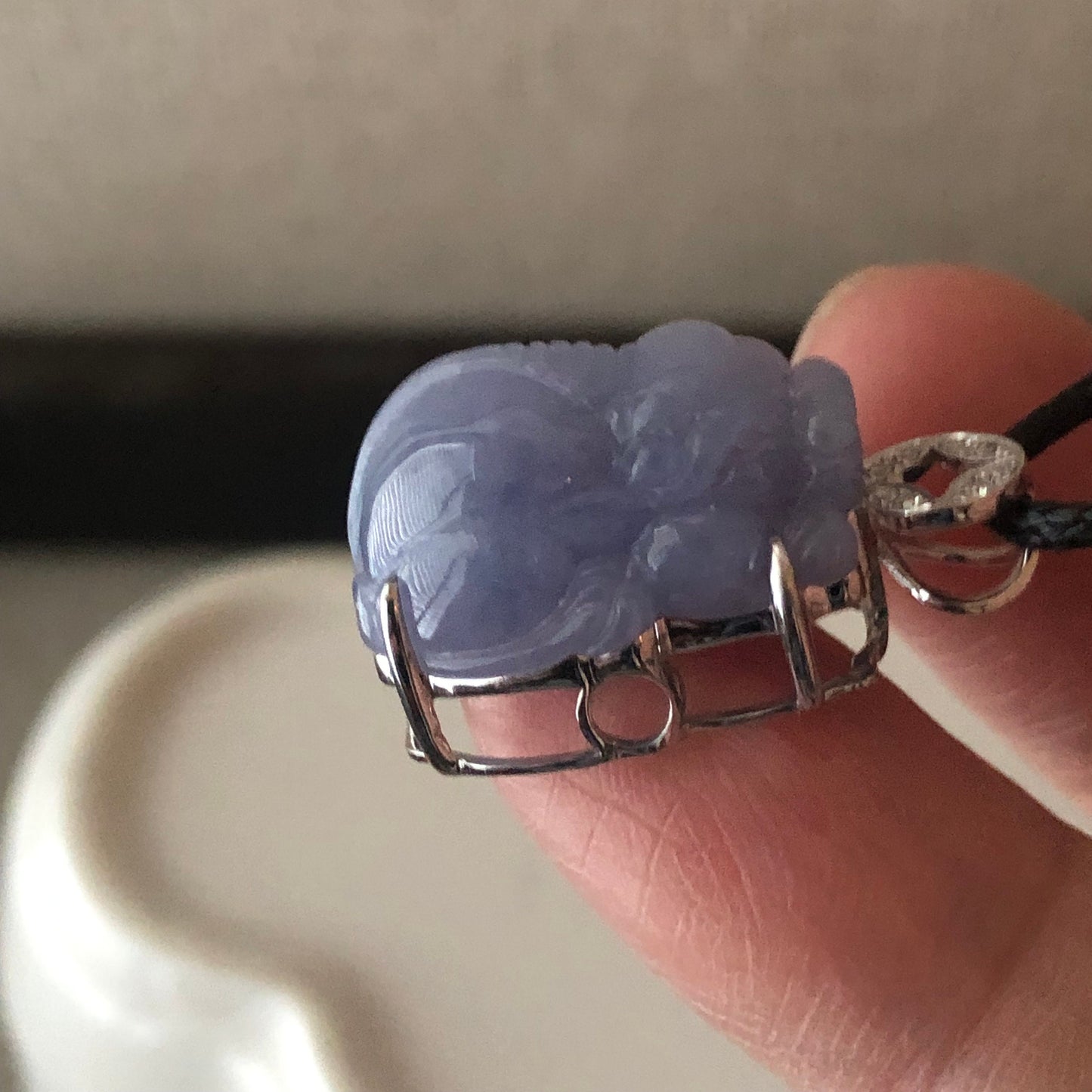 18K white gold 23mm Lavender Blue Jadeite Jade Carved Pixiu Pendant