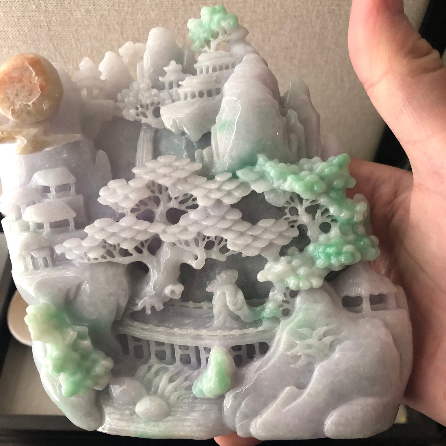5 Green Lavender Yellow Jadeite Jade Carved Landscape Scenery Display