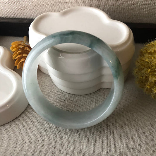 57.5mm Jadeite Jade Green Float Flower Wide Round Bangle