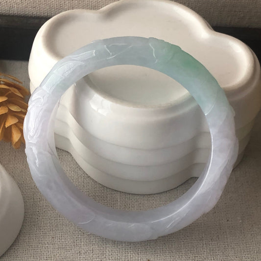 57mm Jadeite Jade Green Lavender Carved Ruyi Cloud Round Bangle