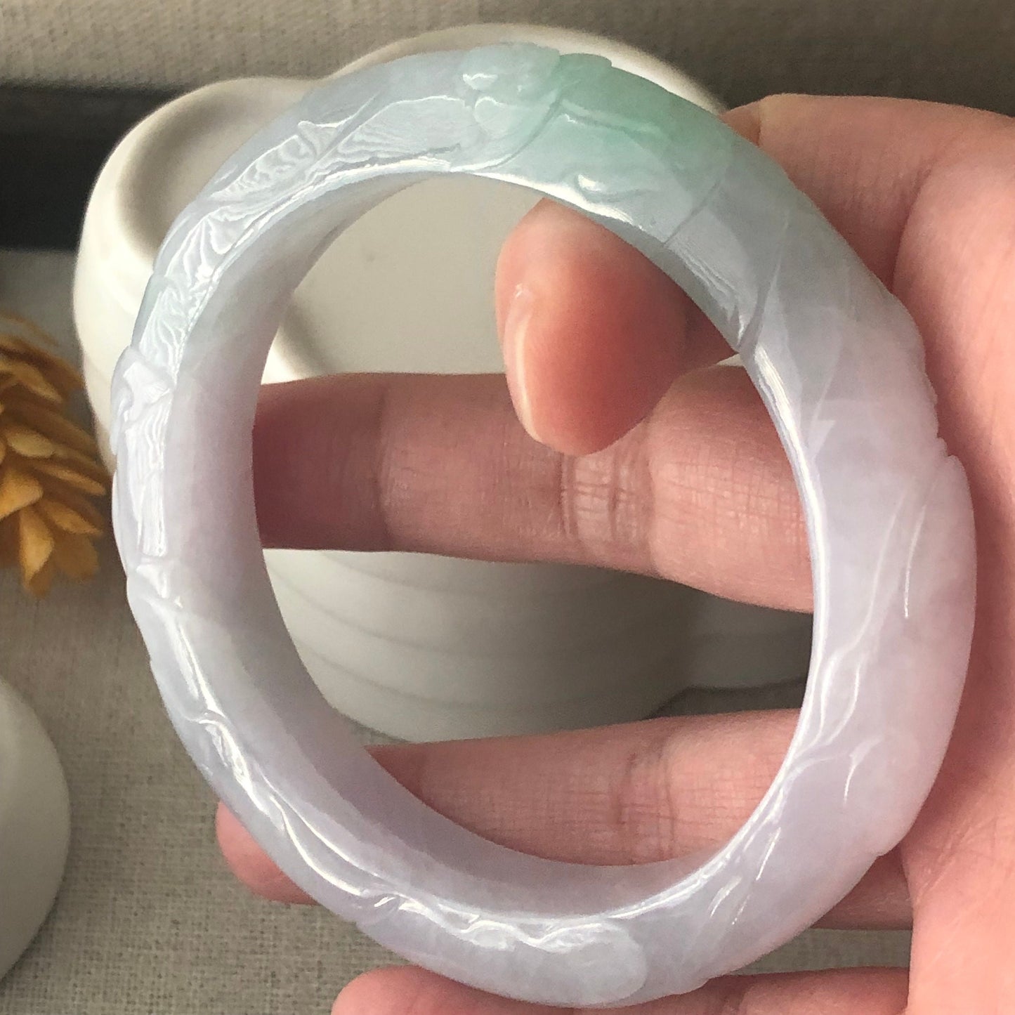 57mm Jadeite Jade Green Lavender Carved Ruyi Cloud Round Bangle