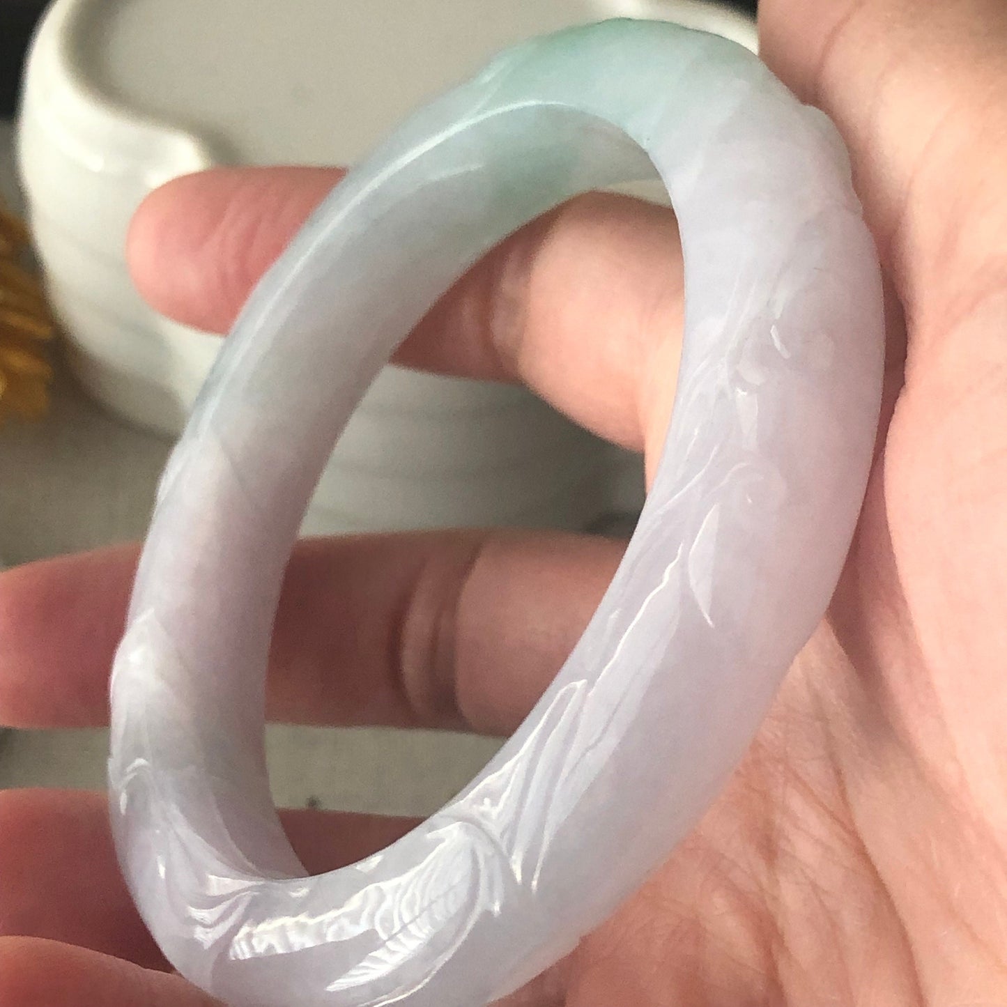 57mm Jadeite Jade Green Lavender Carved Ruyi Cloud Round Bangle