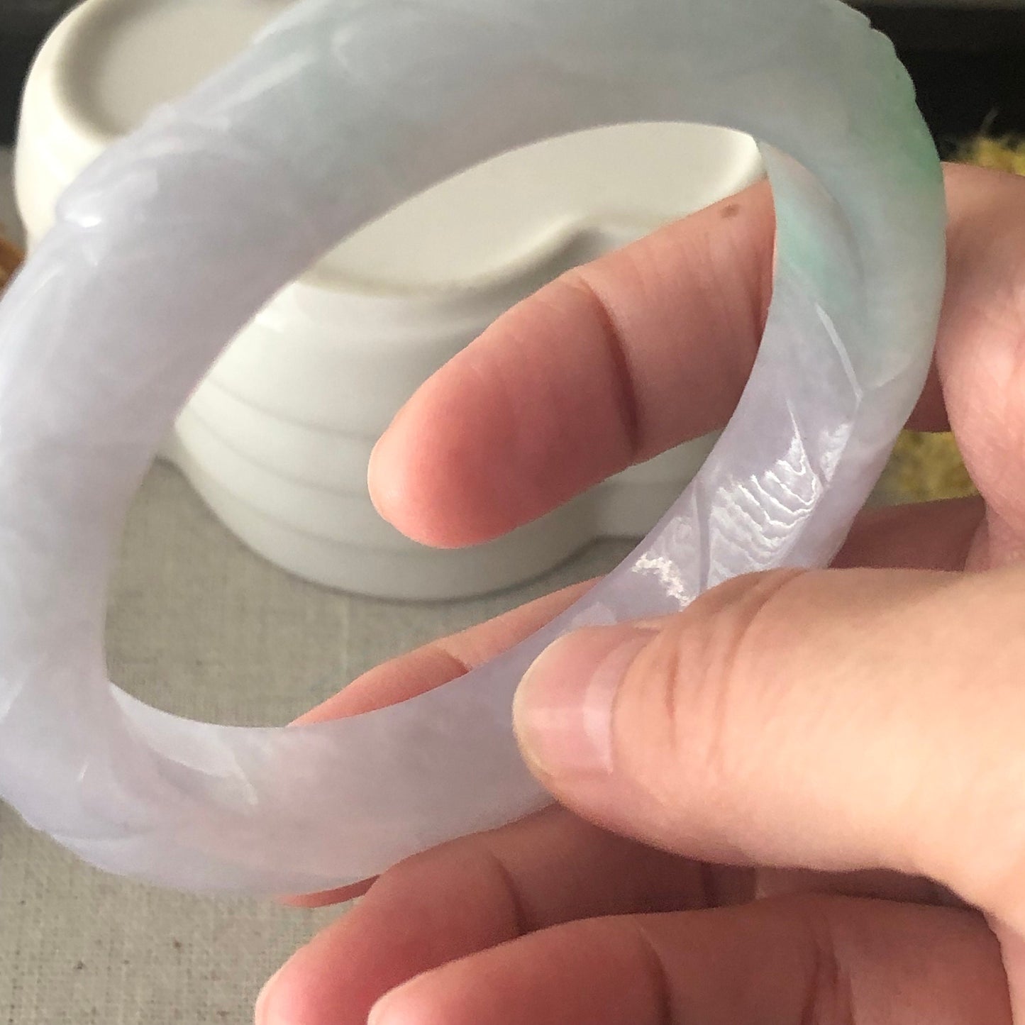 57mm Jadeite Jade Green Lavender Carved Ruyi Cloud Round Bangle