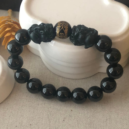 12 mm Icy Omphacite Black Jadeite Jade Carved Pixiu Bead Bracelet