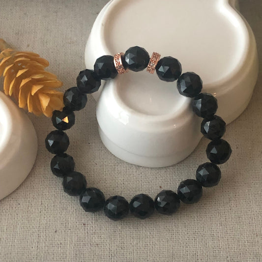 9 mm Icy Omphacite Black Jadeite Jade Diamond Cut Bead Bracelet