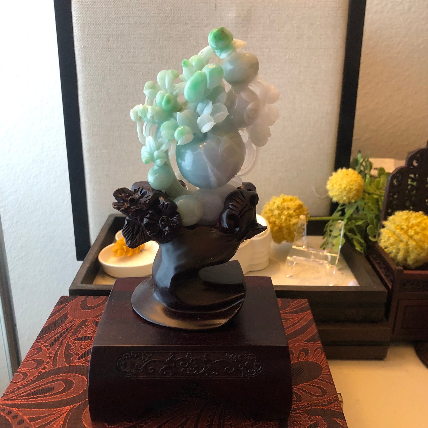 106mm Green Jadeite Jade Carved Apple Flower Display