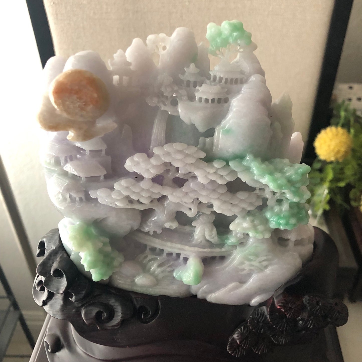 5 Green Lavender Yellow Jadeite Jade Carved Landscape Scenery Display