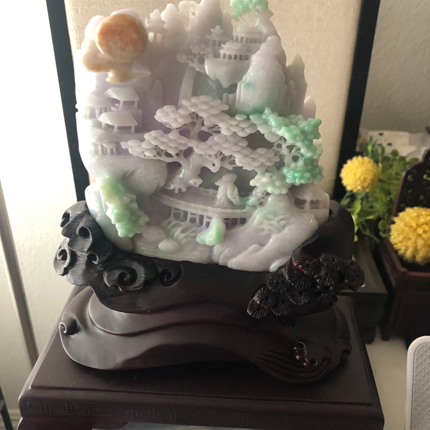 5 Green Lavender Yellow Jadeite Jade Carved Landscape Scenery Display