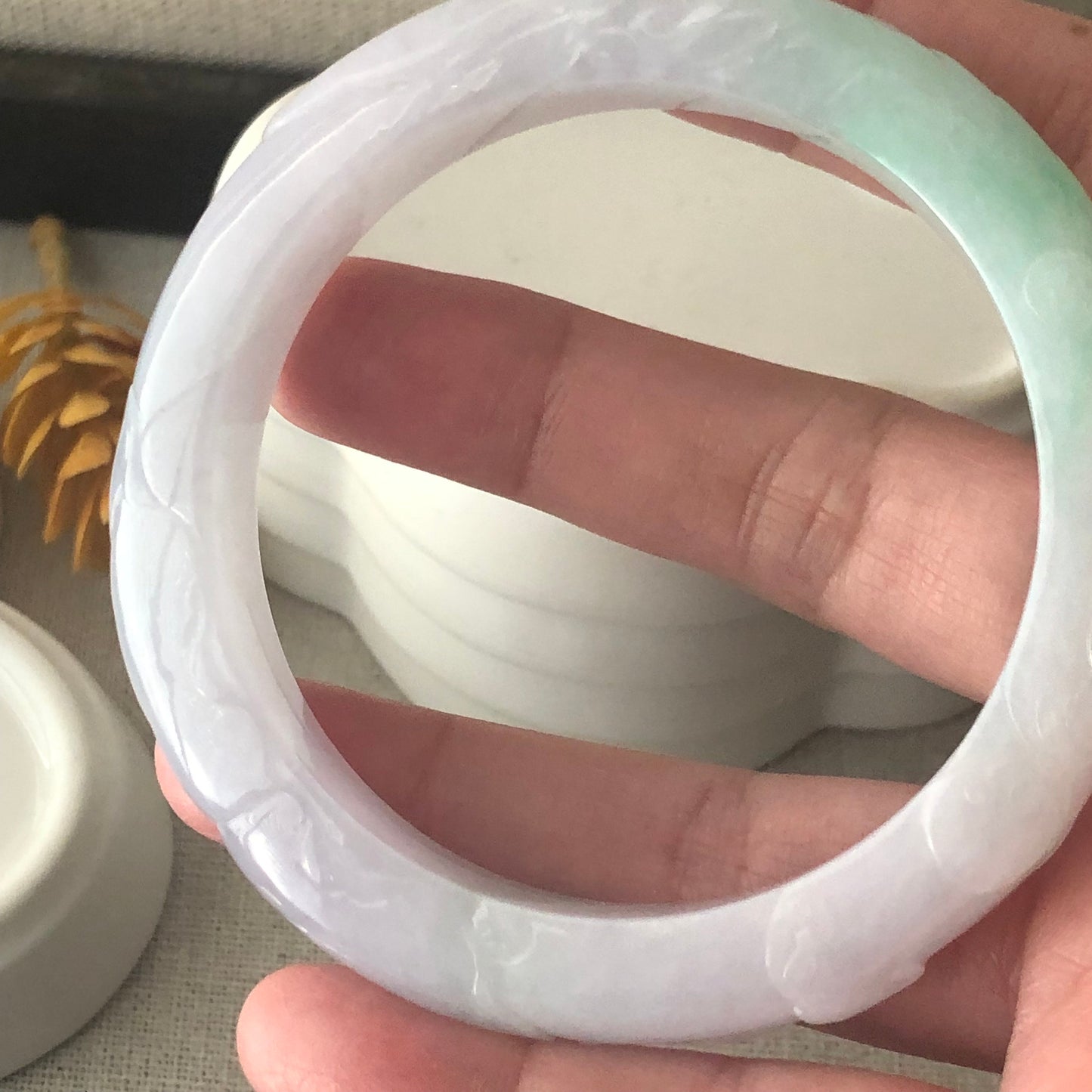 57mm Jadeite Jade Green Lavender Carved Ruyi Cloud Round Bangle