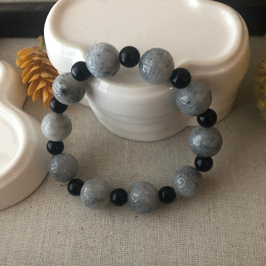 13.4 mm Icy Wuji Grey Jadeite Jade Carved Bead Bracelet