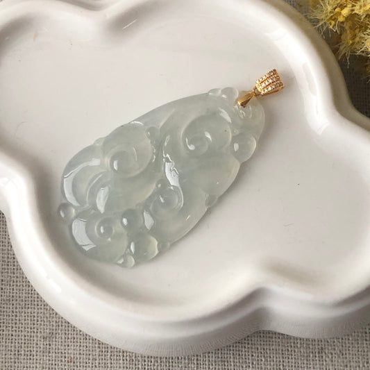 18K Gold 39mm High Icy Jadeite Jade Gloss Ruyi Cloud Pendant