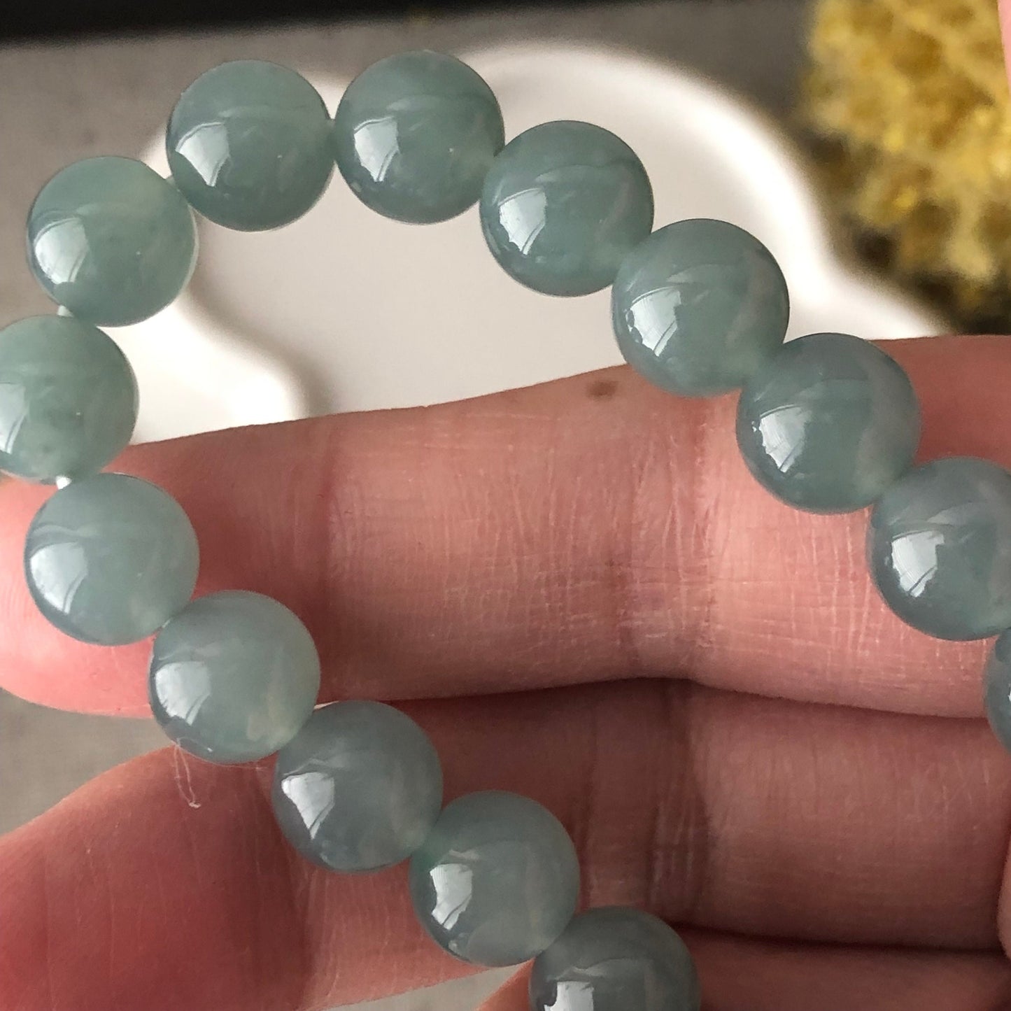9mm Jadeite Jade Blue Green Bead Bracelet