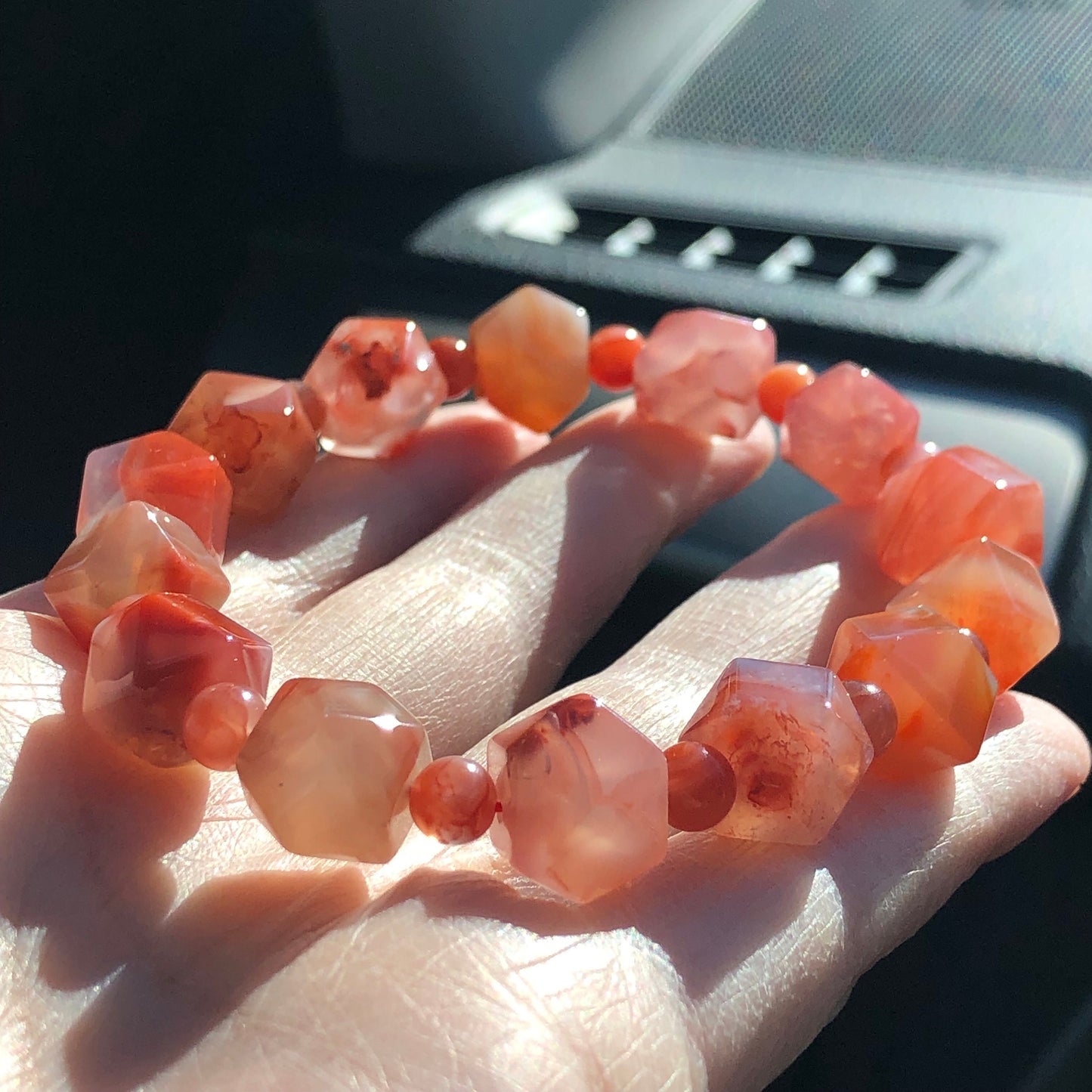 12mm Agate Grade A Natural Diamond Cut Bead Bracelet Red Pink Tone