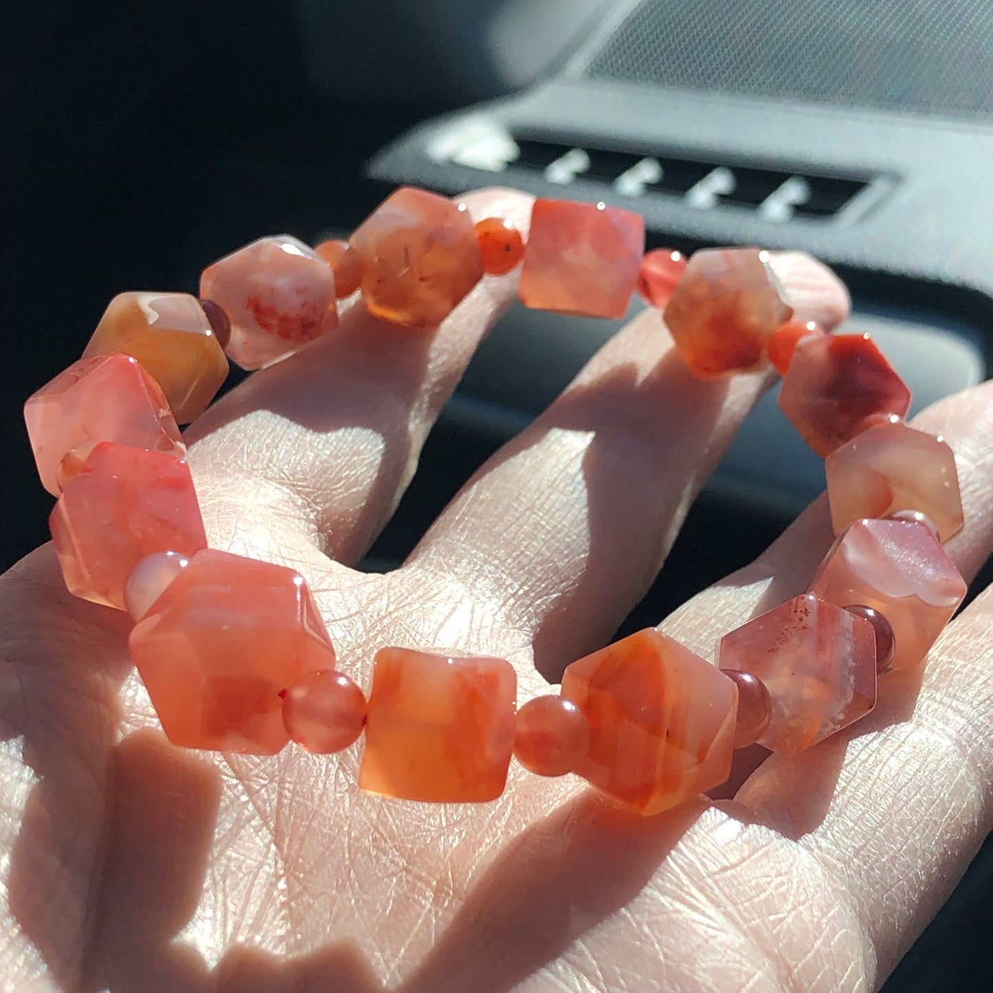 12mm Agate Grade A Natural Diamond Cut Bead Bracelet Red Pink Tone