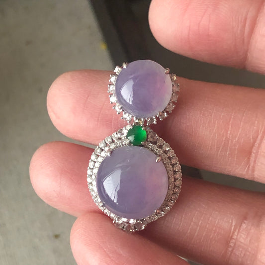 18K White Gold Lavender Pink Jadeite Jade Double Cabochon Pendant Diamonds