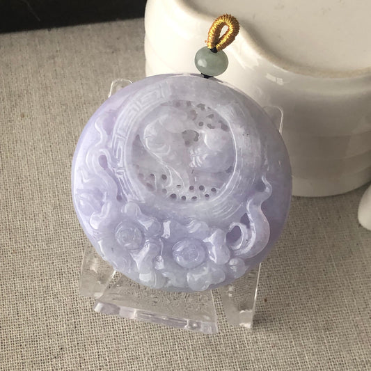 52 mm Lavender Jadeite Jade Carved Two Love Birds Flower Ruyi Pendant