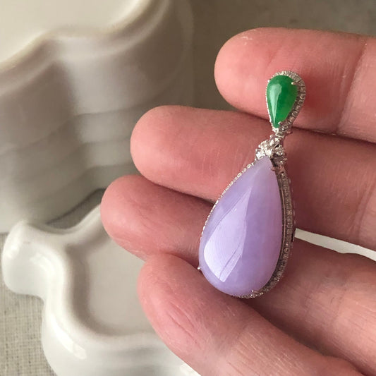 18K White Gold Lavender Pink Green Jadeite Jade Double Drop Pendant Diamonds