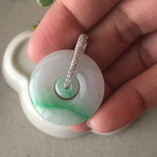 18K Gold Bail 27mm Jadeite Jade Icy Green Donut Pendant
