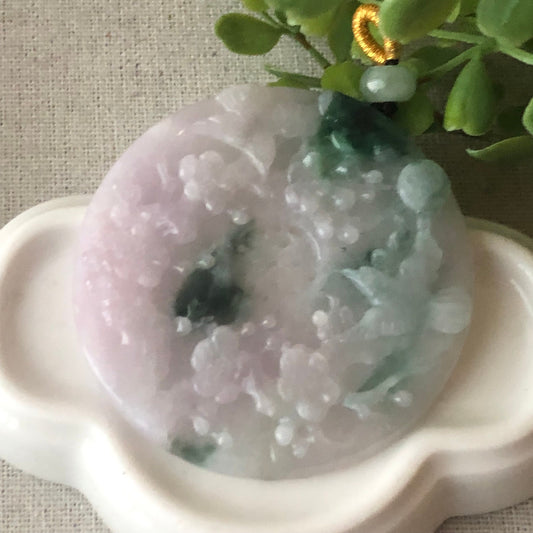 54 mm Pink Green Jadeite Jade Carved Flower Bird Pendant