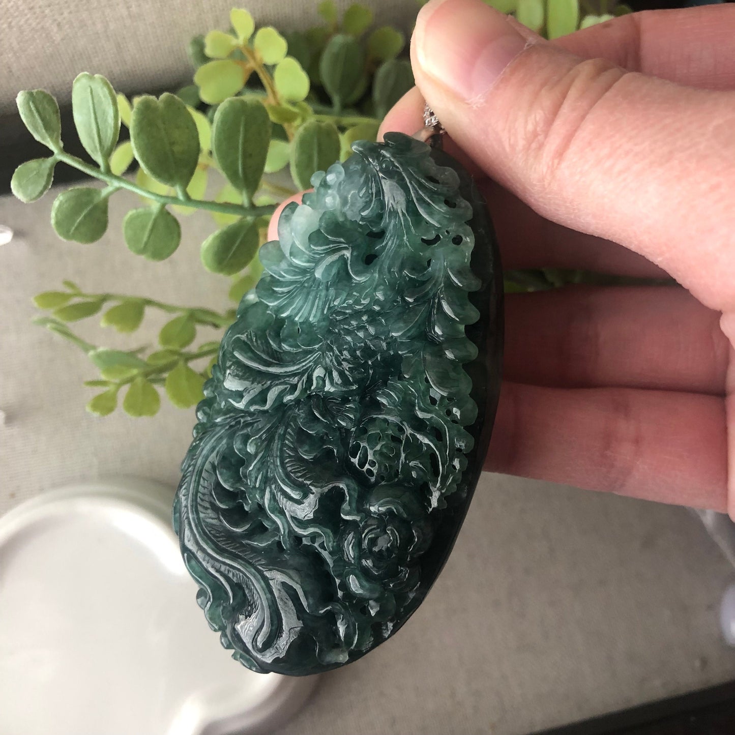 76.3mm  Icy Glossy Green Jadeite Jade Carved Peacock Pendant