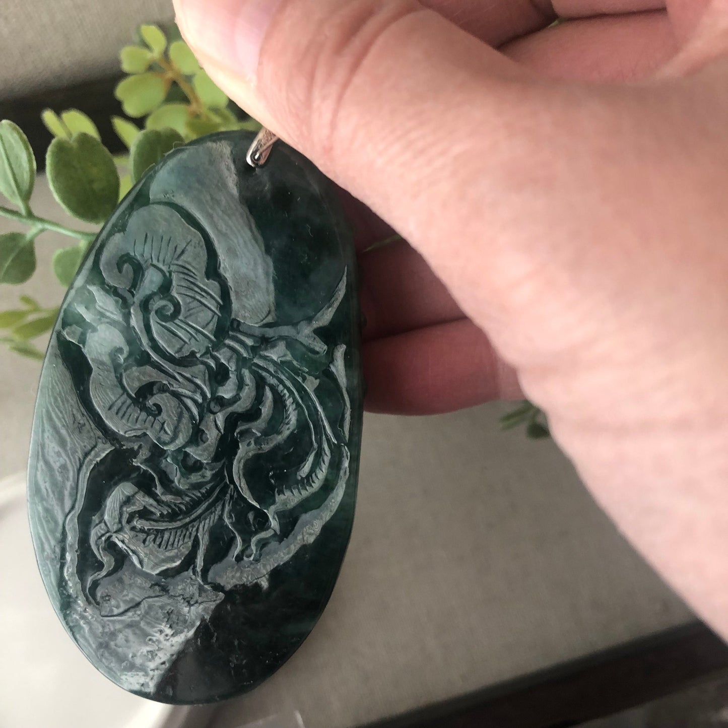 76.3mm  Icy Glossy Green Jadeite Jade Carved Peacock Pendant