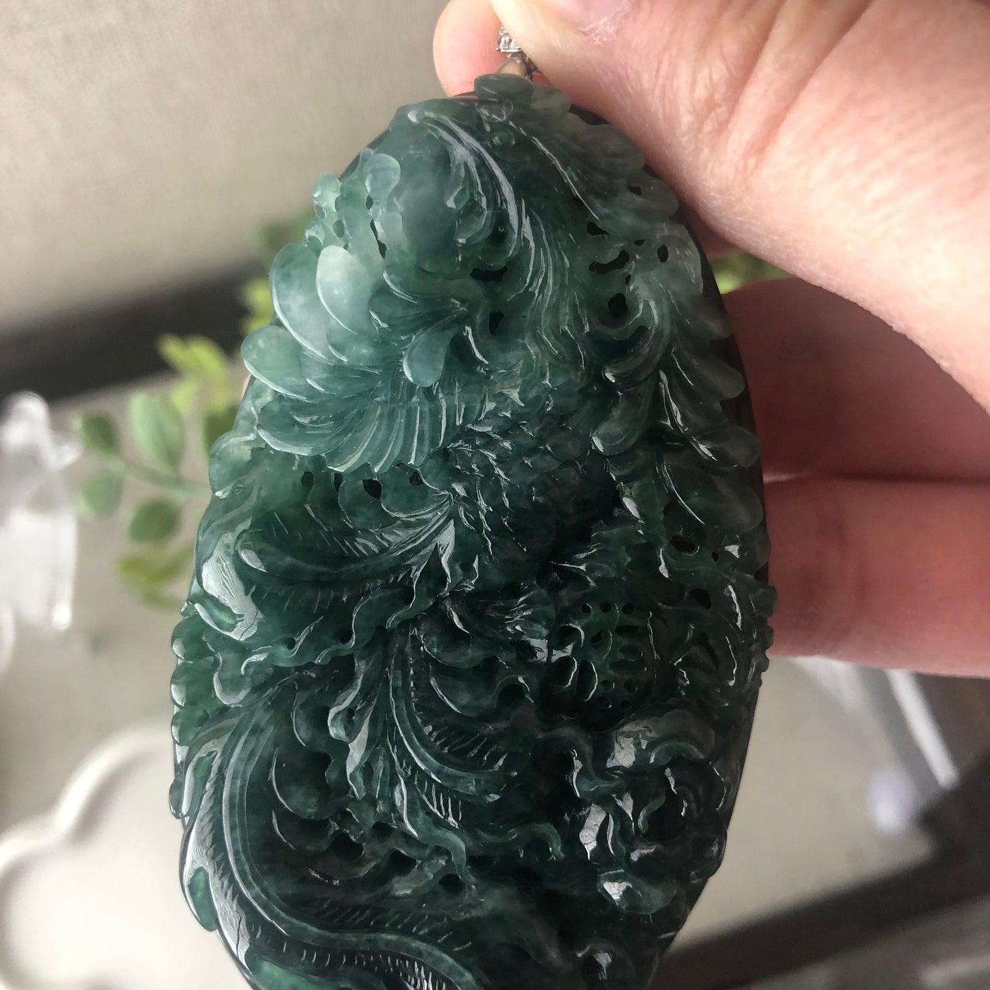 76.3mm  Icy Glossy Green Jadeite Jade Carved Peacock Pendant