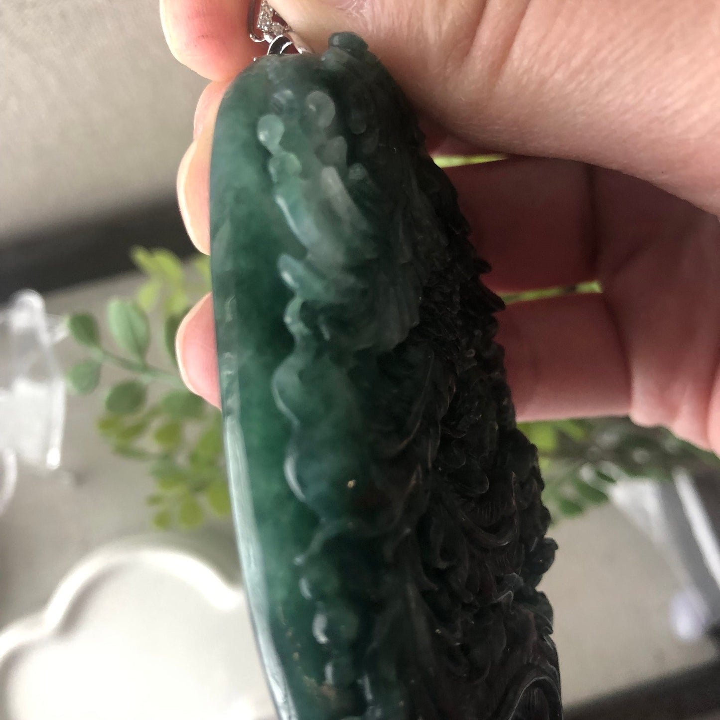 76.3mm  Icy Glossy Green Jadeite Jade Carved Peacock Pendant