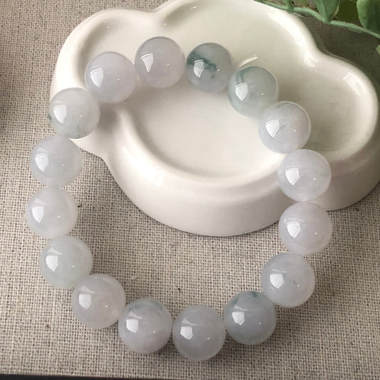12.5mm Icy Green Float Flower Jadeite Jade Bead Bracelet
