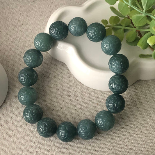 12.5-13mm Grade A Blue Green Carved Jade Jadeite Beaded Bracelet 16pcs.