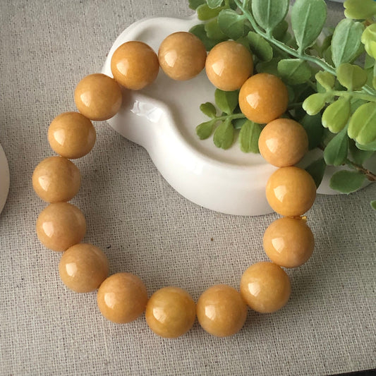 13.8-14mm Yellow Brown Jade Jadeite Beaded Bracelet 16pcs.
