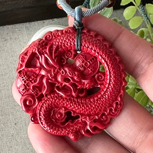 50mm Cinnabar Carved Dragon Lucky Coin Pendant