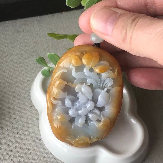65.6 mm Yellow Lavender Jadeite Jade Carved Flower Bird Pendant