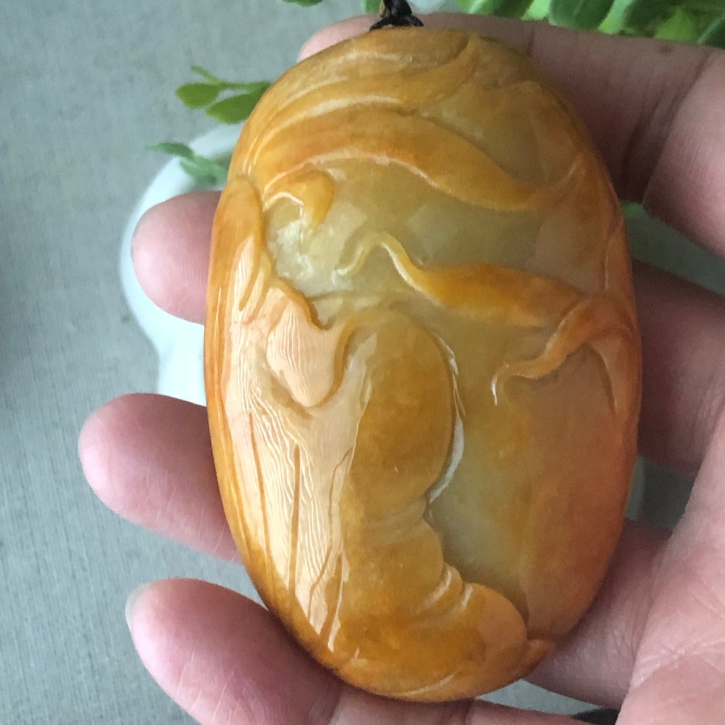 65.6 mm Yellow Lavender Jadeite Jade Carved Flower Bird Pendant