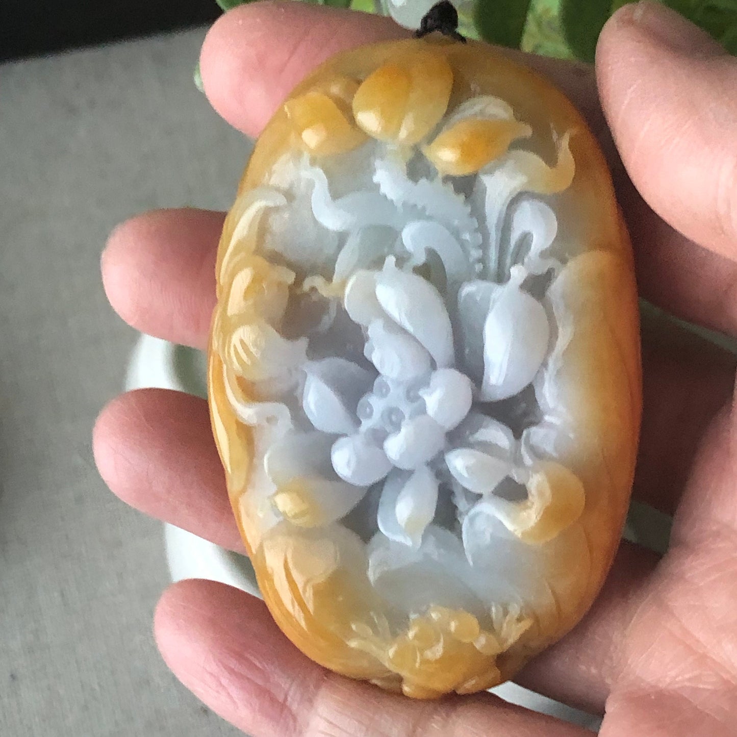 65.6 mm Yellow Lavender Jadeite Jade Carved Flower Bird Pendant