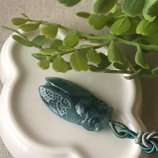 32mm Blue Green Jadeite Jade Carved Locust Charm