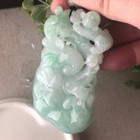 71mm  Glossy Green Jadeite Jade Carved Ruyi Cloud Monkey Pendant