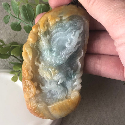 82.1 mm Icy Yellow Green Jadeite Jade Carved Dragon Pendant