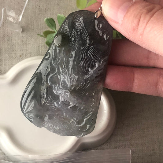 66.3 mm Icy Wuji Grey Jadeite Jade Carved Dragon Pendant