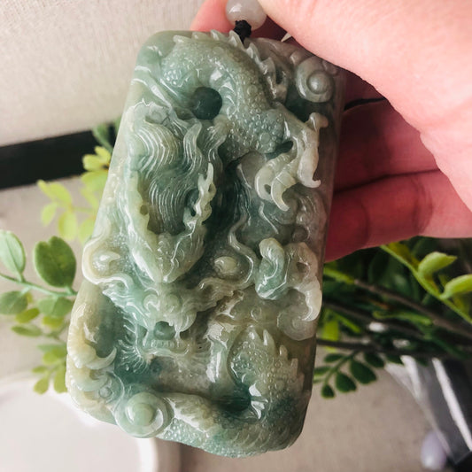 76 mm Yellow Green Jadeite Jade Carved Dragon Pendant