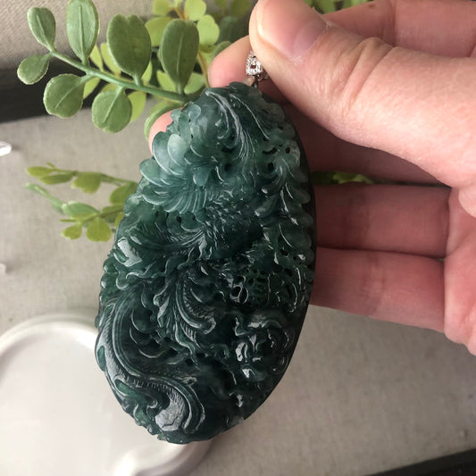 76.3mm  Icy Glossy Green Jadeite Jade Carved Peacock Pendant